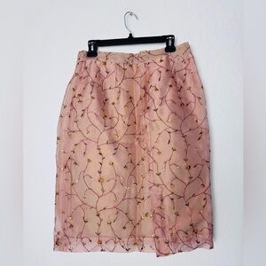 Vintage Zanella 1980s Organza Silk Skirt 12 Embroidered Sheer Pink Floral Vine